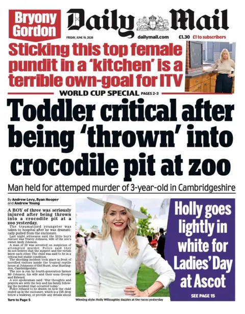 The headline on the front page of the Daily Mail reads: “Toddler critical after being 'thrown' into crocodile pit at zoo”.