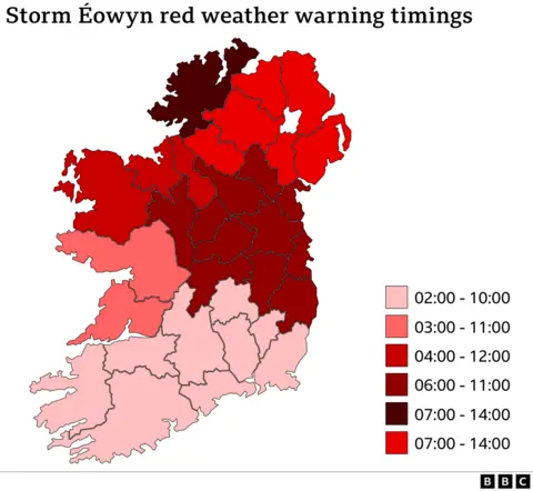 Map of Ireland showing the timings of red weather warnings for Storm Éowyn. The map is colour-coded by region to indicate different time periods of the warning. Pale pink areas are from 02:00 to 10:00, darker pink from 03:00 to 11:00, red from 04:00 to 12:00, dark red from 06:00 to 11:00, brown from 06:00 to 15:00, and bright red from 07:00 to 14:00. The northern and central regions are the most affected with later timings.