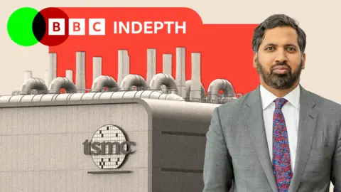 A treated image of the TSMC factory, with Faisal Islam on the right