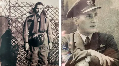 Family Handout A side by side of two black and white pictures of Ivor Taylor while serving in the war. On the left he is wearing his bomber uniform and a scarf, standing against a garden trellis. On the right he is posing with his arms folded, wearing a suit and a pilot's cap, and looking up to his left off-camera. 