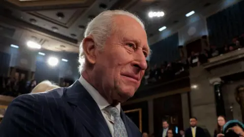 King Charles wearing a blue pinstripe suite, white shirt and pale blue tie