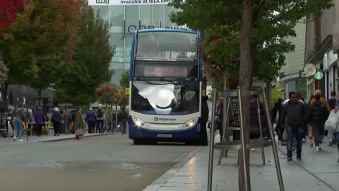 BBC Double decker bus in town centre