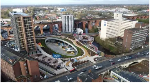Stockport Council An aerial view image of Stockport Interchange. The new interchange features 18 bus stands, with a number of buses currently parked at the site. There are a number of high rise buildings and the historic viaduct is in the background. 