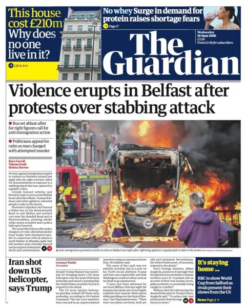 The headline on the front page of the Guardian reads: "Violence erupts in Belfast after protests over stabbing attack."