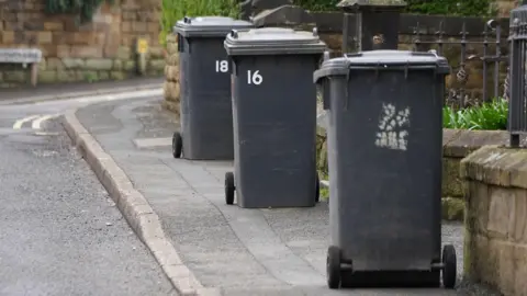 BBC Three black wheelie bins along a road.