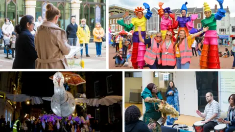 West Northamptonshire Council Composite of four images showing different community events including Pride, with people dressed in colourful costumes and the Diwali lights festival.