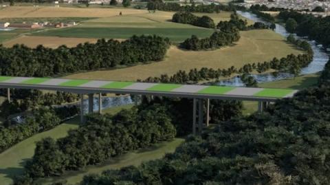 A visualisation of how the cancelled Hereford bypass, with a new bridge across the Wye to the west of the city, might have looked