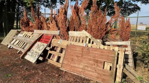 Kevin Shoesmith/BBC Brown conifer branches and scrap wood forms a barricade outside RAF Scampton 