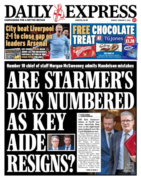 "Are Starmer's days numbered as key aide resigns?" reads the headline on the front page of the Daily Express.