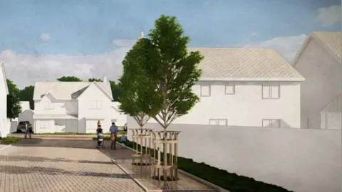 Lantar Developments Ltd A CGI of how some of the homes would look. They are outlined in white and have young trees with green leaves in front of them