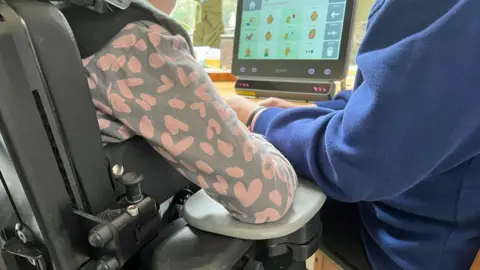 The photo, taken from behind, shows mother and daughter looking at a computer. The daughter on the left is in a large wheelchair and is wearing a gray long-sleeve T-shirt with a pink heart. His mother is wearing a blue sweatshirt. 