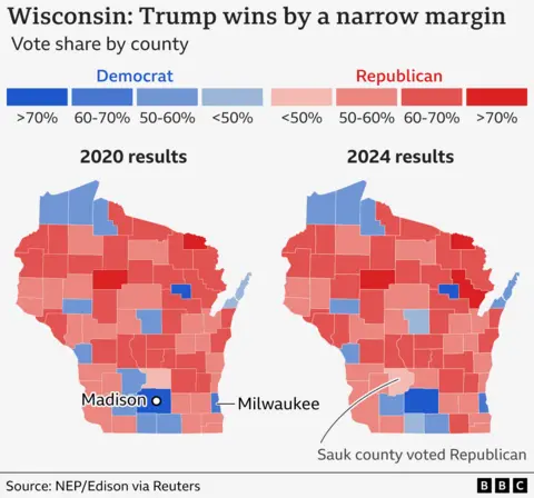 County maps of Wisconsin showing statesmanlike  results successful  2020 and 2024. There are precise  flimsy  changes successful  ballot  share. Sauk County, an country  successful  the cardinal  southbound  adjacent   Madison, is the lone  region  to person  flipped from Democrat to Republican.