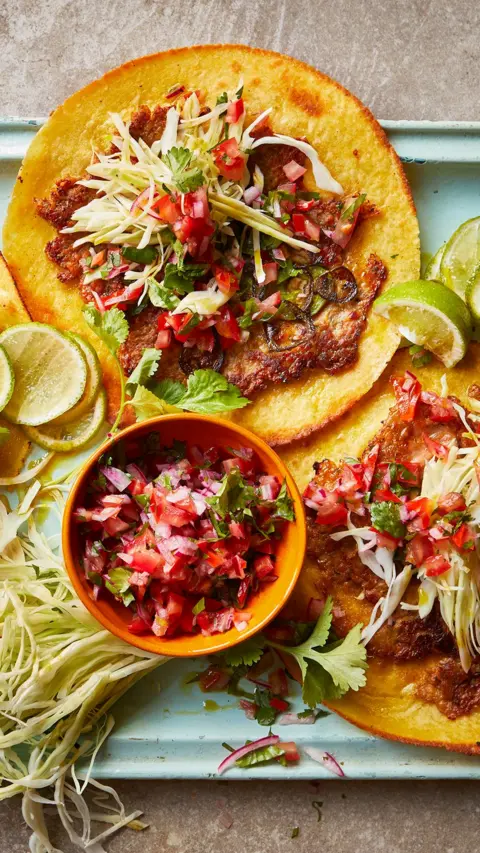 Two smashed jalapeno tacos sit on a tray next to a bowl of salsa