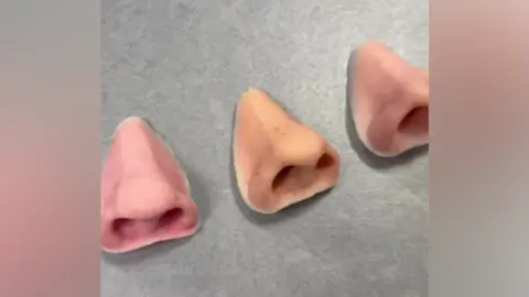 Three prosthetic noses in a line, with differing flesh tones