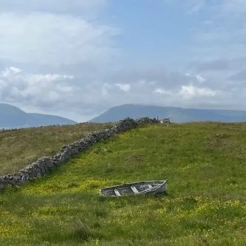 JULIET RAWKINS A grassy field with yellow flowers dotted around it. There is an old wooden row boat in the centre of the image in front of a dark-coloured stone wall. The sky above is light blue and covered with a white cloud. The hills in the background are a dark silhouette.