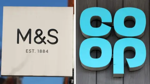 A composite image of the black M&S logo on the left and the blue Co-op logo on the right.