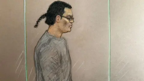 Julia Quenzler Court sketch of Chan. He is wearing a grey jumper, and his hair is long and tied back