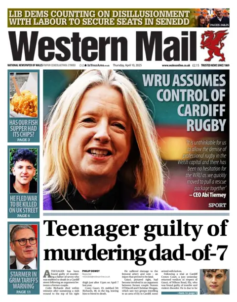 Western Mail The Western Mail newspaper front page shows main headline which says WRU assumes control of Cardiff rugby. Other headlines include, teenager guilty of murdering dad-of-7, has our fish supper had its chips?, he fled war to be killed on UK street, Starmer in grim tariffs warning. 