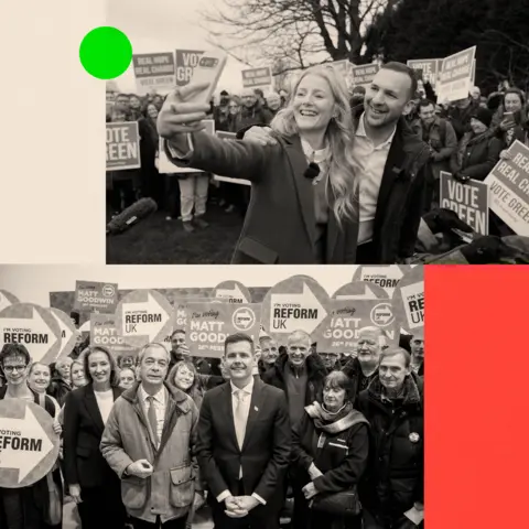 BBC Two treated images: One with Green Party leader Zack Polanski with Gorton and Denton MP, Hannah Spencer, and the other with Reform UK leader Nigel Farage and Reform UK's Gorton and Denton by-election candidate Matt Goodwin 