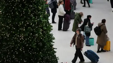 EPA A man with a brown coat and a rolling suitcase walks up to a giant Christmas tree in an airport, while a row of travellers with bags and suitcases wait behind him.