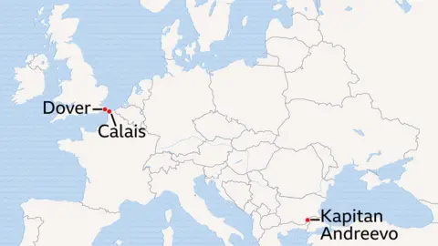OpenStreetMap A map of Europe - with Dover and Calais marked with red dots, and the Kapitan Andreevo border between Turkey and Bulgaria also marked