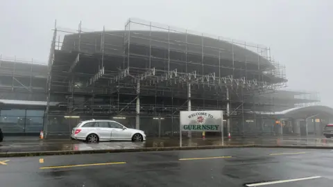 A general view of Guernsey Airport showing a thick blanket of fog.