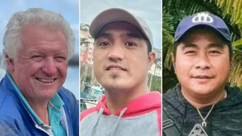 Ports of Jersey Composite photo of L'Ecume II crew members Michael Michieli, Larry Simyunn and Jervis Baligat. They are all smiling.