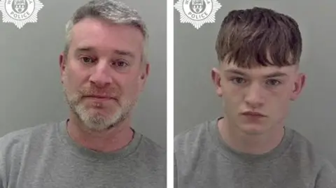 West Mercia Police Two images of males side-by-side. In the first is a man with short grey hair and a beard who is wearing a grey T-shirt. In the second is a young-looking man with short brown hair wearing a grey T-shirt.