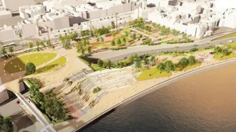 Ryder Architecture A visualisation of what the Stockton town centre urban park might look like. The river is in the foreground with wide, sweeping steps leading up to areas of grass and trees, intersected by paths. A road runs underneath the park.