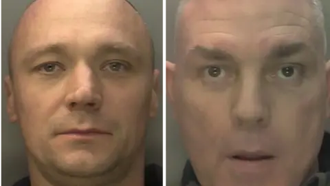 WMP Side-by-side police custody photographs showing two individuals in separate close-up head-and-shoulders images against plain backgrounds. Both photographs are cropped tightly around the face, with a vertical black divider between them. No other objects or text are visible in the image.