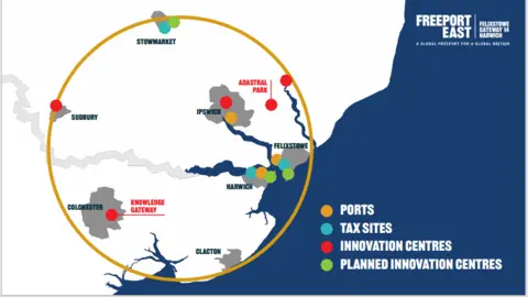 Supplied It's a graphic of a map showing where Freeport East is. Orange, blue, red and green circles indicate the relevant locations in Essex and Suffolk.