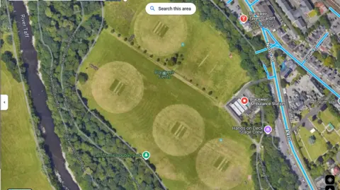 Google Aerial image of Blackwater Fields from Google. The River Taff is seen on the left with the surrounding area showing the different parts of Bute Park.