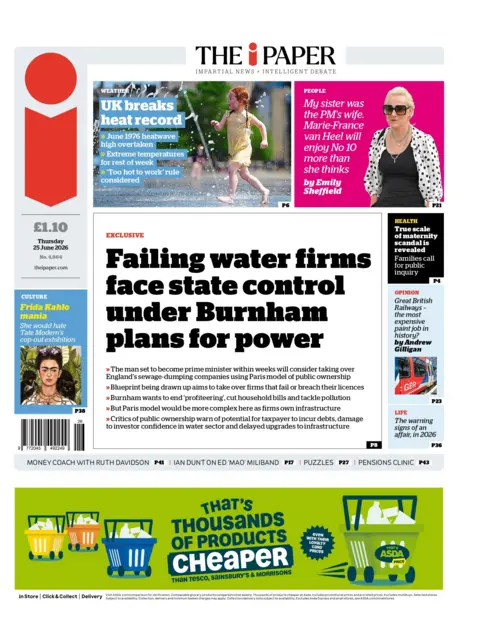 "Failing water firms face state control under Burnham plans for power," reads the headline on the front page of the i Paper. 
