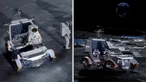 Left, a mockup of an astronaut on a space rover. Right, the rover before a moon base.