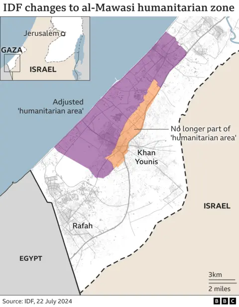 Map of southern Gaza showing the Israeli military's adjusted al-Mawasi humanitarian area (22 July 2024)