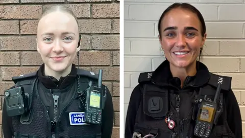 Lancashire Police Federation Two side-by-side images of PC Chloe Hopwood and PC Sophia Welsh in their black uniforms. Both are smiling and have their hair tied back
