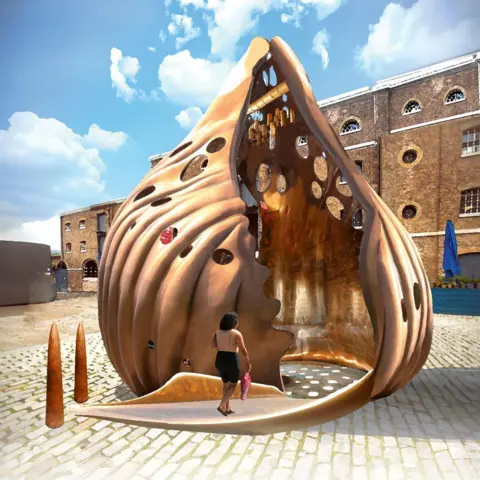 Khaleb Brooks Artist's impression of The Wake - a large bronze shell sculpture with a hollow interior that can be walked inside, with holes in the shell casting light on the ground