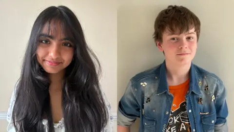 Headshot photos of 14-year-old Tanisi and 13-year-old Thiago. Tanisi has long black hair and is smiling at the camera. She has a white coloured top. Thiago has short brown hair. He is wearing a denim jacket covered in gold-coloured musical note over a orange t-shirt.