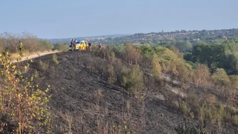 An area of hillside, the side of which has been severely damaged by a fire. There are charred remains of grass and shrubbery which was growing there and a large section of earth has been reduced to ash. There is a pick-up truck with red and yellow fire service branding on the side of it.