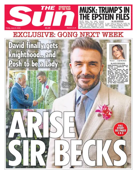 "Arise Sir Becks" reads the headline on the front page of The Telegraph.