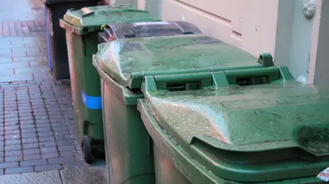 BBC Three green wheelie bins and one grey wheelie bin lined up against a wall