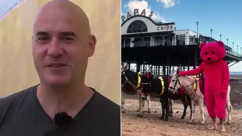 BBC/LUAP Composite image of the close-shaven artist wearing a black shirt and next to an image of someone in a pink bear suit standing on Cleethorpes beach with donkeys next to the pier
