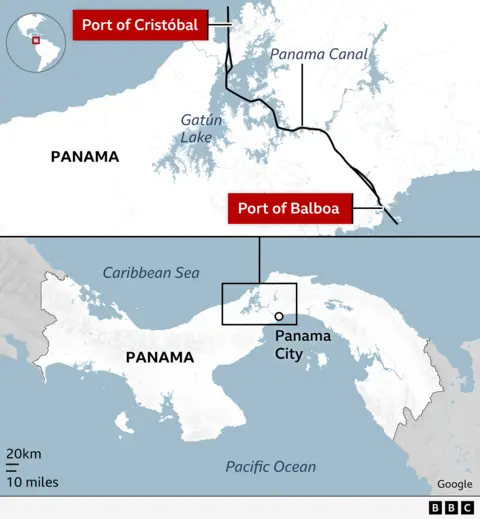 Map showing the location of the Panama Canal within Panama and the route it follows through the country connecting the Atlantic and Pacific Oceans. 