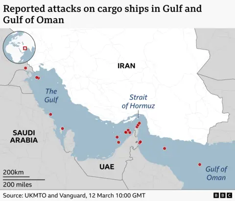 A map showing the locations of the reported attacks on cargo ships in the Gulf and Gulf of Oman