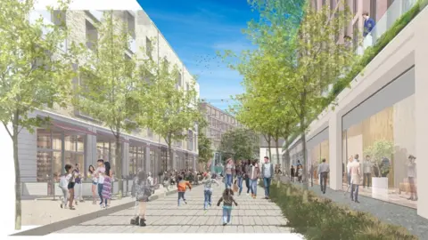 Chapman Taylor A digital image looking down a pedestrianised area with shops with large windows on either side and flats with balconies above. Trees and shrubs line the pavement areas too.