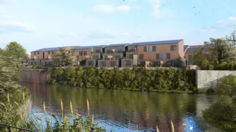 An artist's impression of a row of homes on a steep bank overlooking a river and greenery