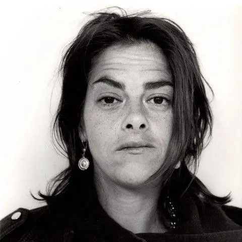 Johnnie Shand Kydd A head and shoulders portrait image of Dame Tracey Karima Emin. It is black and white. She is wearing a leather motorcycle jacket.