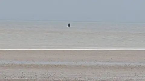 The grey Irish sea off the Wirral coast with a strip of beach in the foreground. Both are a murky grey-brown. The tiny silhouettes of two people are in the distance, surrounded by water.
