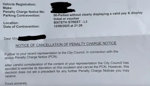 Provided by contributor Letter from Liverpool City Council confirming cancellation of a parking fine, stating it does not set a precedent for future parking fines that the recipient, whose name has been blacked out to mask their identity, may receive