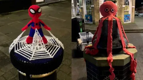 Pat Warrington A knitted spiderman and octopus on bollards.